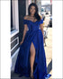 Popular Royal Blue Prom Dresses with Split Side Sexy Off The Shoulder Prom Gowns for Party 2018
